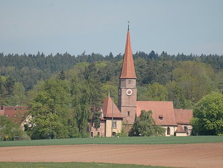 Ein unbestelltes Feld im Hintergrund eine historische Kirche mit rotem Dach und Kirchturm